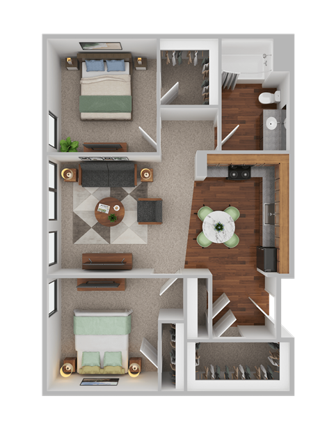 Floor plan for 2 beds, 1 bath, 887 sqft